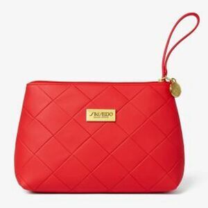 Shiseido Red Coral Pink Faux Leather Cosmetic Travel Bag Pouch